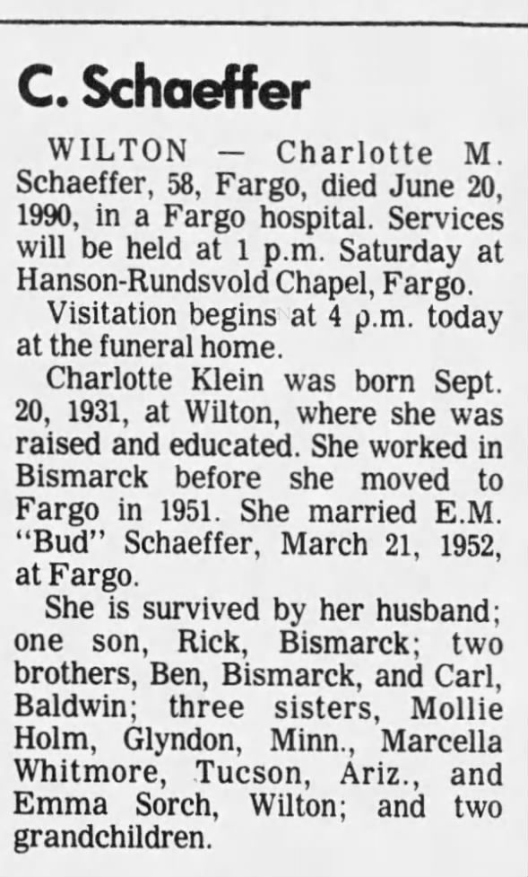 Obituary for Charlotte M. Schaeffer, 1931-1990 (Aged 58)